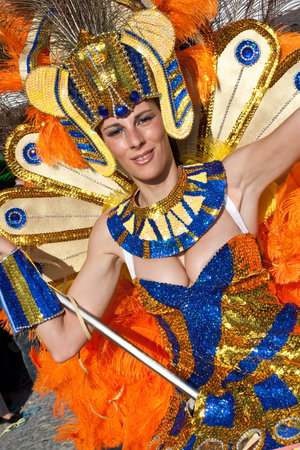 Sesimbra, Portugal - February 12, 2013 - The Porta-Bandeira flag-carrier , one of the most important characters of the Samba School parade in the Rio de Janeiro style Carnival Sesimbra has one of the most important Carnivals in Portugal のeditorial素材