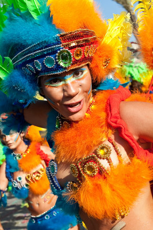Sesimbra, Portugal - February 12, 2013 - A Passista poses for the camera The Passistas are the sexiest characters of the Brazilian Carnival Organized for decades with the Brazilian community, Sesimbra has one of the most important Carnivals in Portugal のeditorial素材
