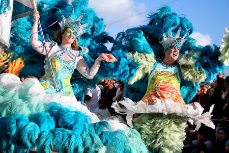 Sesimbra, Portugal - February 12, 2013 - The Porta-Bandeira flag-carrier and Mestre-Sala, two of the most important characters of the Samba School parade in the Rio de Janeiro style Carnival Sesimbra has one of the most important Carnivals in Portugal のeditorial素材