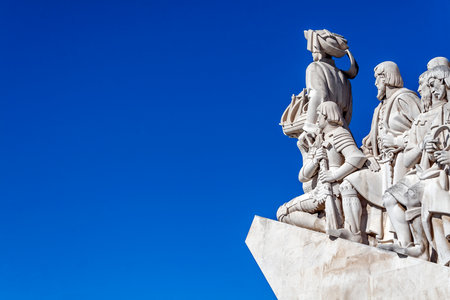 Detail of the statues of Padrao dos Descobrimentos  Sea Discoveries Monument  with Prince Henry statue at the front  Belem District, Lisbon, Portugal のeditorial素材