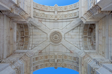 Detail seen from under the iconic Triumphal Arch  in Commerce Square, Praca do Comercio or Terreiro do Paco, Lisbon Baixa District (Downtown)のeditorial素材