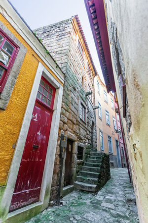 Porto, Portugal. January 5, 2015: Barredo Tower, or Rua de Baixo Tower. One of the oldest buildings of Porto and the only example of civilian medieval architecture in the area. Unesco World Heritage.のeditorial素材