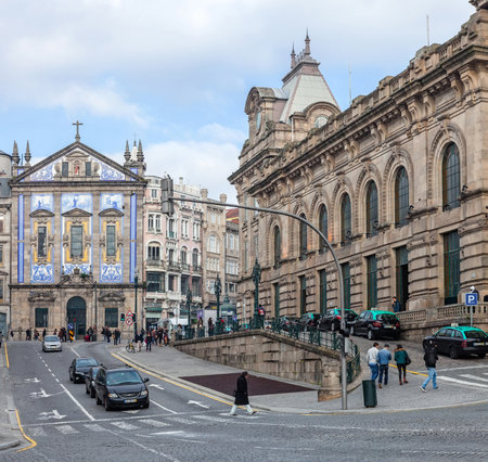 Porto, Portugal. January 5, 2015: View of the Almeida Garret Square with the Sao Bento railway station and Congregados Church at the back.のeditorial素材
