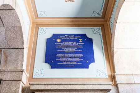 Sao Bento da Porta Aberta Portugal. April 06 2015: The commemorative plaque exhibiting the promotion of the Sanctuary church to Basilica by Pope Francis on its 400th anniversary in March 21stのeditorial素材