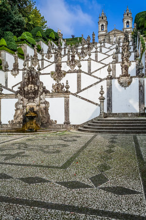 Braga, Portugal - October 6, 2015: Bom Jesus do Monte Sanctuary and the famous staircase. Popular Portuguese sanctuary and city landmark. Baroque architecture.のeditorial素材