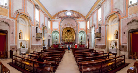 Obidos, Portugal - August, 2015: Interior of the baroque Sao Pedro church. Obidos is a medieval town inside walls, and very popular among tourists.のeditorial素材