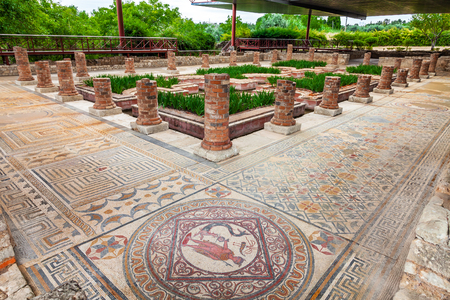 House of the Fountains in Conimbriga. View of the very ornate mosaics, peristyle, garden and pond. Conimbriga in Portugal, is one of the best preserved Roman cities on the west of the empire.の写真素材