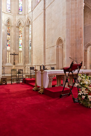 Batalha, Portugal - March, 2015: Batalha Monastery. Altar and Apse of the Church. Gothic and Manueline masterpiece. Portugal.のeditorial素材