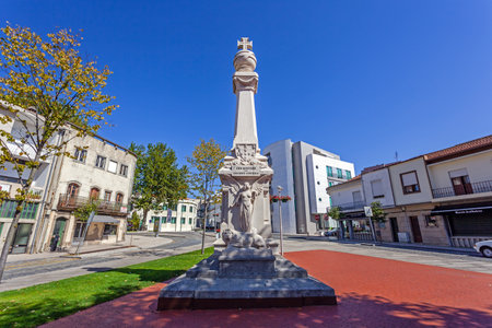 Vila Nova de Famalicao, Portugal - September 06, 2015: Front view of the Memorial to the victims of the First World War (the Great War) in 9 de Abril Square, Vila Nova de Famalicao city, Portugal.のeditorial素材