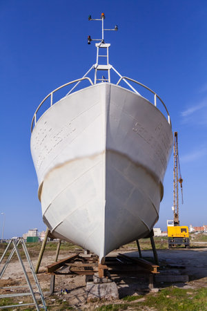 Povoa de Varzim, Portugal. December 28, 2015: Fishing ship, a trawler being built or under maintenance in Povoa de Varzim, Portugal.のeditorial素材