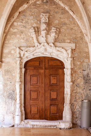 Santarem, Portugal. September 10, 2015: Manueline Portal in the Sao Francisco Convent. 13th century Mendicant Gothic Architecture. Franciscan Religious Order.のeditorial素材