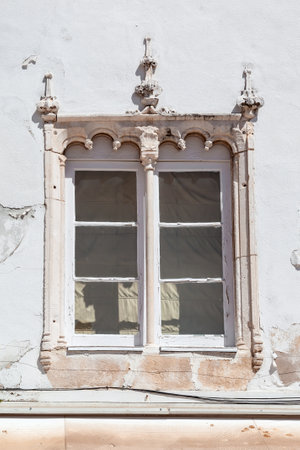 Santarem, Portugal. September 11, 2015:  The Manueline Window. Manueline is a specific Portuguese type of Gothic. Sa da Bandeira Square.のeditorial素材