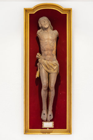 Lisbon, Portugal. October 31, 2016: Mutilated Jesus statue during the WWI Verdun Battle in the Chapel of the Monumento aos Combatentes do Ultramar - Ultramar Combatants Monumentのeditorial素材