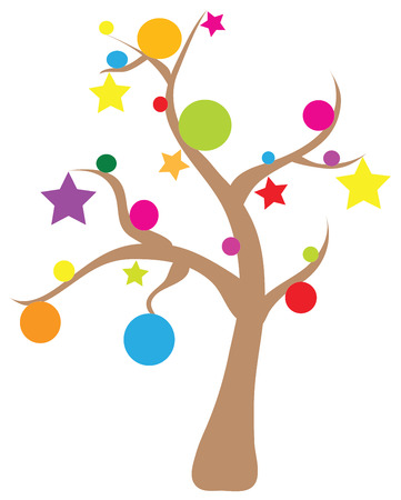 Christmas naked tree with balls or baubles and stars isolated on white background. Traditional Christmas ornament icons and symbols in eps10 vector.のイラスト素材
