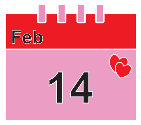 Calendar page for February 14th for the Valentine or Valentines Day. Hearts or heart shapes. Concept for love, passion, valentine, Valentines day isolated on white background. のイラスト素材