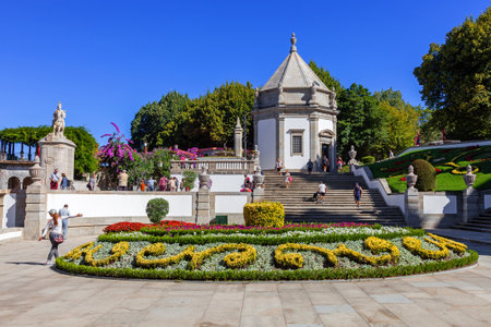 Braga, Portugal - August 21, 2016: Detail of the top of the staircase on the Bom Jesus do Monte Sanctuary with a view of one of the Calvary chapels. Famous Portuguese sanctuary. Baroque architectureのeditorial素材
