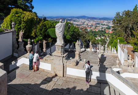 Braga, Portugal - August 21, 2016: The city of Braga seen from the top of the staircase of the Bom Jesus do Monte Sanctuary. One of the famous Portuguese sanctuaries. Baroque architecture.のeditorial素材