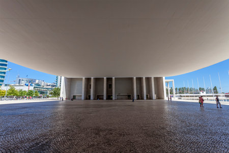 Lisbon, Portugal - April 02, 2013: Under the canopy of the Pavilhao de Portugal, aka Portuguese Pavilion in Parque das Nacoes. By the Pritzker Award winner architect, Alvaro de Siza Vieira.のeditorial素材