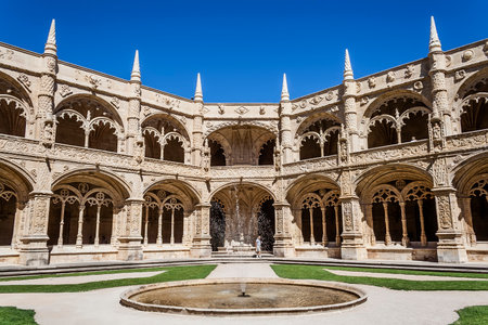 Lisbon, Portugal - June 6, 2013: Cloister of the Jeronimos Monastery or Abbey in Lisbon, Portugal, aka Santa Maria de Belem monastery. UNESCO World Heritage it Masterpiece of the Manueline art.のeditorial素材