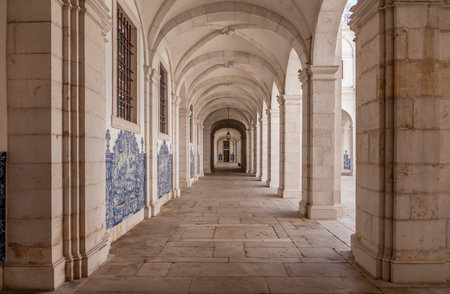 Lisbon, Portugal - September 9, 2013: Cloister of Mosteiro de Sao Vicente de Fora Monastery in 17th century Mannerism style. White limestone.のeditorial素材