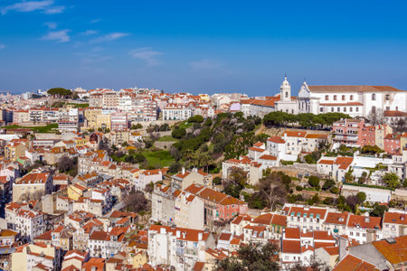 Lisbon, Portugal. The Mouraria and Graca Historical Districts with the Graca Church seen from the Castelo de Sao Jorge aka Saint George Castle.のeditorial素材