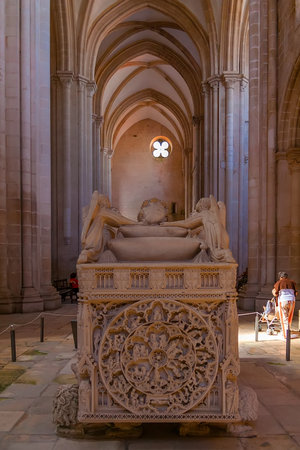 Alcobaca, Portugal - July 17, 2017: Gothic Tomb of King Dom Pedro with recumbent effigy. Monastery of Santa Maria de Alcobaca Abbey. Funerary art Masterpiece.のeditorial素材