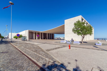 Lisbon, Portugal - April 2, 2018: Pavilhao de Portugal or Portuguese Pavilion with famous concrete canopy. Parque das Nacoes or Park of Nations. By Alvaro Siza Vieiraのeditorial素材