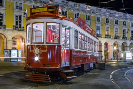 Lisbon, Portugal - September 4, 2018: Vintage tram used by Carris for tourist or tourism tours in Praca do Comercio aka Commerce Square or Terreiro do Pacoのeditorial素材