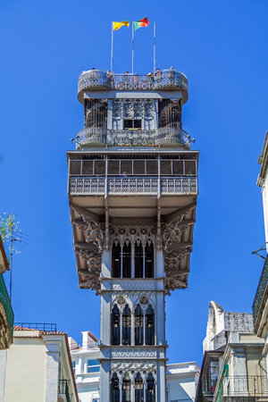 Lisbon, Portugal. Elevador de Santa Justa Lift seen from Santa Justa Street. 19th century. By Raul Mesnier de Ponsard, a Gustave Eiffel disciple.のeditorial素材