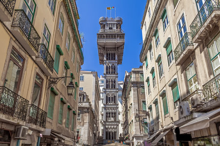 Lisbon, Portugal. Elevador de Santa Justa Lift seen from Santa Justa Street. 19th century. By Raul Mesnier de Ponsard, a Gustave Eiffel disciple.のeditorial素材