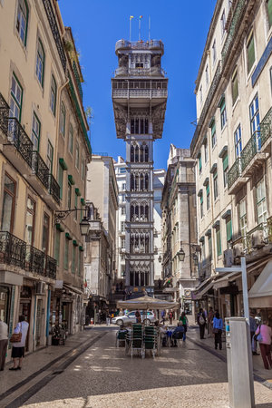 Lisbon, Portugal. Elevador de Santa Justa Lift seen from Santa Justa Street. 19th century. By Raul Mesnier de Ponsard, a Gustave Eiffel disciple.のeditorial素材
