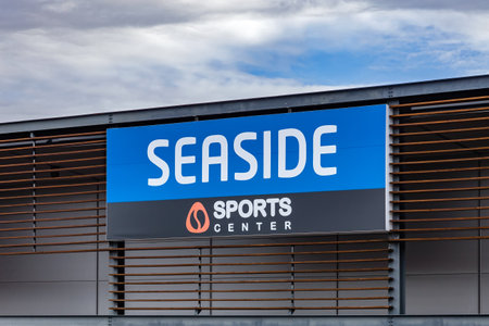 Coina, Portugal - October 23, 2019: Signboard of the Seaside and Sports Center retail shoe store. Seaside is a major Portuguese shoe store and brand. Barreiro Planet Retail Park.のeditorial素材