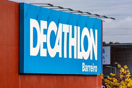 Coina, Portugal - October 23, 2019: Signboard of the Decathlon store in the Barreiro Planet Retail Park. Decathlon is a French company and the largest sporting goods retailer in the worldのeditorial素材