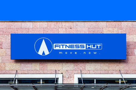 Almada, Portugal - October 24, 2019: Fitness Hut store, shop logo or symbol in the Almada Forum shopping mall or center. Fitness Hut is workout gym focused on premium services at low costのeditorial素材