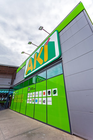 Coina, Portugal - October 23, 2019: Entrance of the AKI store in Barreiro Planet Retail Park. AKI is an ADEO company and retail leader of DIY, home improving and gardening in Portugalのeditorial素材