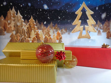Gifts with decoration and Christmas backgroundの写真素材