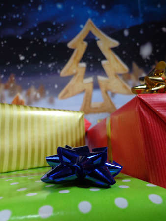 Well decorated gifts on colored backgroundsの写真素材
