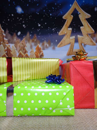 Well decorated gifts on colored backgroundsの写真素材