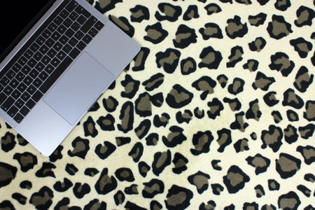 Top view of a computer accompanied by a mask and hydroalcoholic gel on a jaguar skin backgroundの写真素材