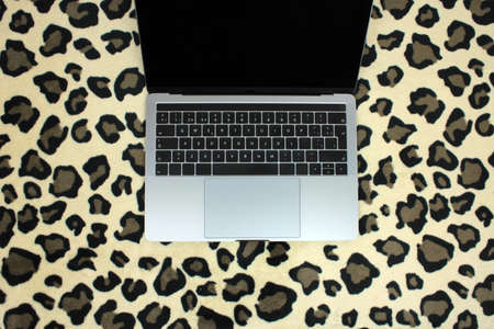 Top view of a computer accompanied by a mask and hydroalcoholic gel on a jaguar skin backgroundの写真素材