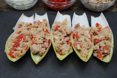 Endives dish filled with tuna, red pepper and onionの写真素材
