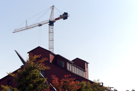 Red wooden building and craneのeditorial素材