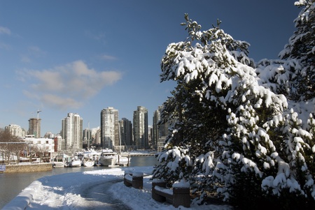Vancouver and False Creek covered by snowの写真素材