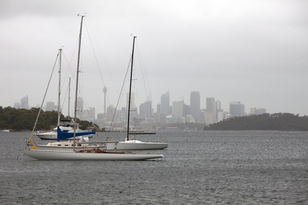 Sydney Harbour  and skyline in heavy rainの写真素材