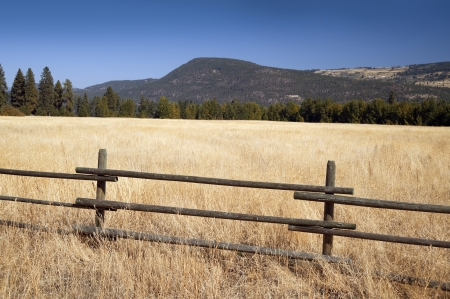 Field in Okanagan -fence in the field and mountainsの写真素材