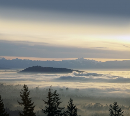 Vancouver, SFU, Burnaby, Richmond and Coast Mountains in the cloudsの写真素材