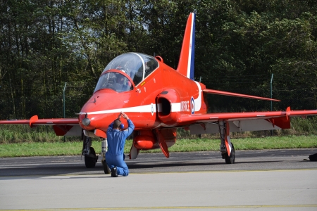 Ostrava, Czech republic  September 22, 2012: Red Arrows RAF aerobatic display jet during airshow session NATO Days in Ostrava, Czech republic. More than 208 000 visitors have come to Ostrava Airport during September 22 and 23, 2012.のeditorial素材