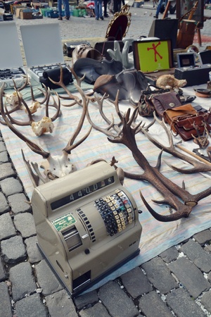 Flea market on Place du Jeu de Balle in Brussels, Belgiumのeditorial素材