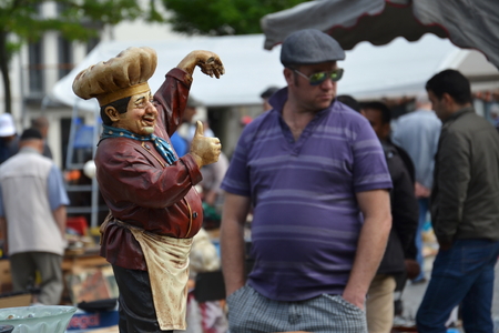 Brussels, Belgium - July 14, 2014: People shopping on a daily flea market at Place du Jeu de Balle on July 14, 2014 in Brussels, Belgium.のeditorial素材