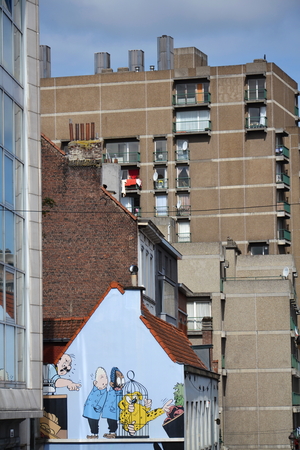 Brussels, Belgium - July 14, 2014: Filtered picture of a comic strip mural painting on July 14, 2014 in Brussels, Belgium. Brussels is known as a homeland of the comic strips and is full of images of numerous comic strip heroes.のeditorial素材